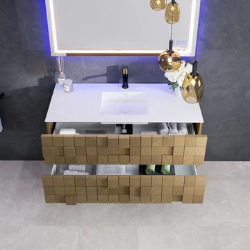 Mosaic 49"W x 20"D Natural Oak Wall Mount Bathroom Vanity with White Solid Surface Countertop and Integrated Sink EVVN112-48OAK