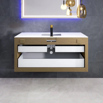 Mosaic 49"W x 20"D Natural Oak Wall Mount Bathroom Vanity with White Solid Surface Countertop and Integrated Sink EVVN112-48OAK