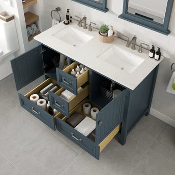 Britney 48"W x 22"D Ash Blue Double Sink Bathroom Vanity with White Carrara Quartz Countertop and Undermount Porcelain Sinks EVVN612-48AB-DS-Q