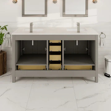 London 60"W x 18"D Gray Double Sink Bathroom Vanity with White Carrara Quartz Countertop and Undermount Porcelain Sinks TVN414-60X18GR-Q