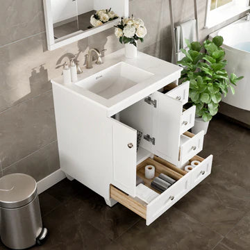 Acclaim 28"W x 22"D White Bathroom Vanity with White Carrara Quartz Countertop and Undermount Porcelain Sink EVVN69-28WH-Q