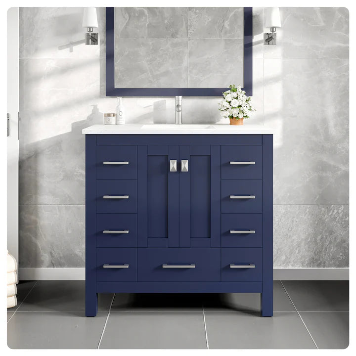 Hampton 36"W x 22"D Blue Bathroom Vanity with White Carrara Quartz Countertop and Undermount Porcelain Sink EVVN411-36X18BQ