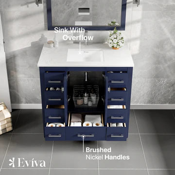 Hampton 36"W x 22"D Blue Bathroom Vanity with White Carrara Quartz Countertop and Undermount Porcelain Sink EVVN411-36X18BQ