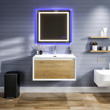 Venice 36"W x 19"D Oak Wall Mount Bathroom Vanity with White Acrylic Countertop and Integrated Sink EVVN277-36OAK-WH