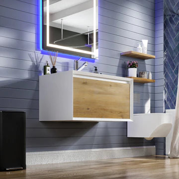 Venice 36"W x 19"D Oak Wall Mount Bathroom Vanity with White Acrylic Countertop and Integrated Sink EVVN277-36OAK-WH