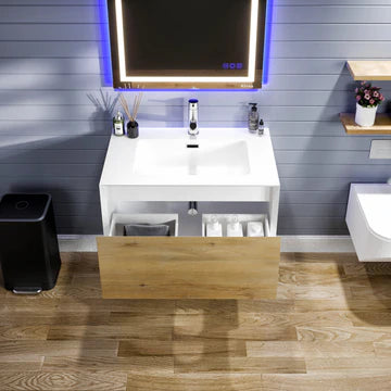 Venice 36"W x 19"D Oak Wall Mount Bathroom Vanity with White Acrylic Countertop and Integrated Sink EVVN277-36OAK-WH