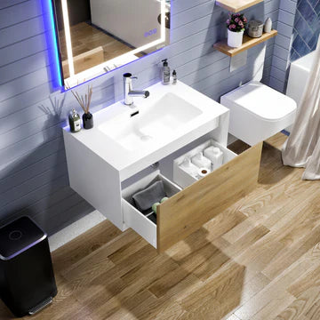 Venice 36"W x 19"D Oak Wall Mount Bathroom Vanity with White Acrylic Countertop and Integrated Sink EVVN277-36OAK-WH