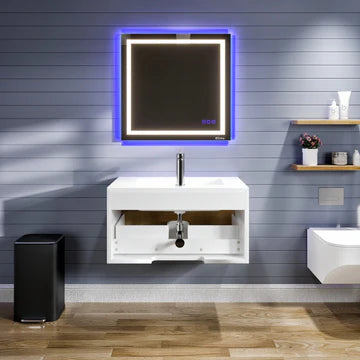 Venice 36"W x 19"D Oak Wall Mount Bathroom Vanity with White Acrylic Countertop and Integrated Sink EVVN277-36OAK-WH