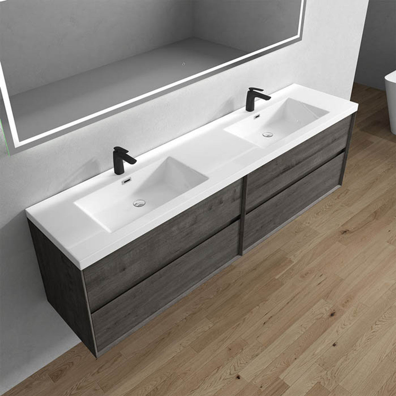 King 84" Wall Mounted Vanity with Reinforced Acrylic Double Sink Vanity-King SKU: BT005-84D