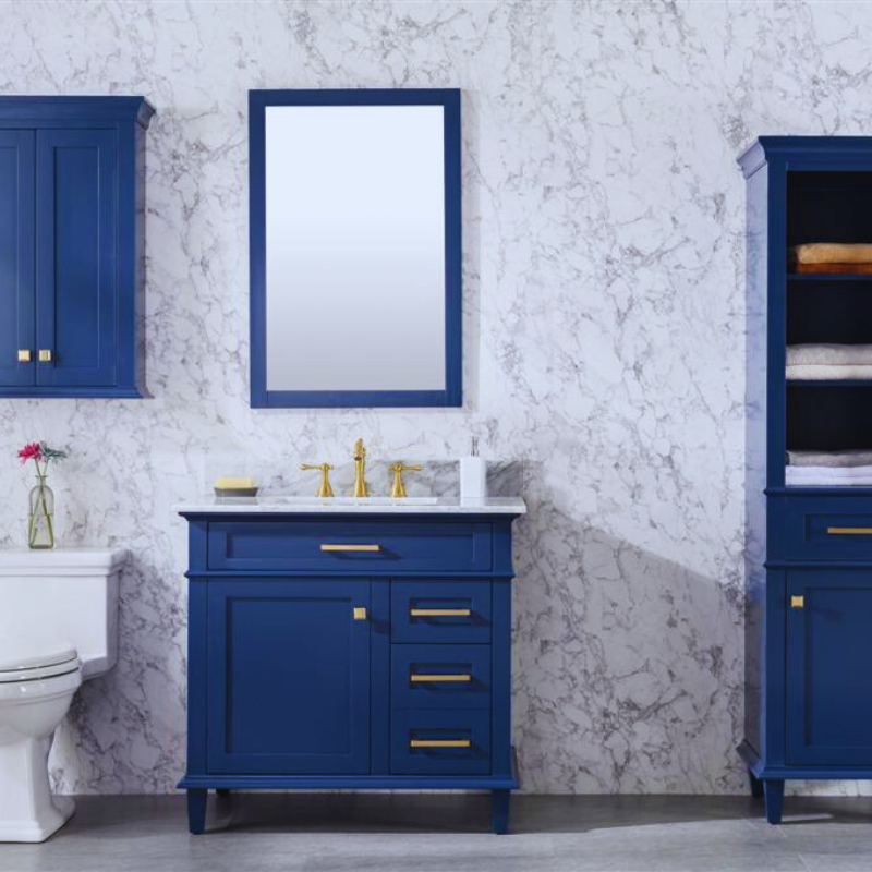 LEGION FURNITURE 36" BLUE FINISH SINK VANITY CABINET WITH CARRARA WHITE TOP