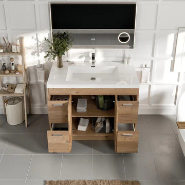 Lugano 42"W x 20"D Natural Oak Bathroom Vanity with White Acrylic Countertop and Integrated Sink EVVN1000-8-42NOK