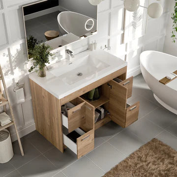 Lugano 42"W x 20"D Natural Oak Bathroom Vanity with White Acrylic Countertop and Integrated Sink EVVN1000-8-42NOK