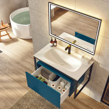 Modena 32"W x 18"D Blue Wall Mount Bathroom Vanity with White Solid Surface Countertop and Integrated Sink EVVN111-32BLU