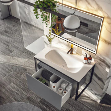 Modena 32"W x 18"D Gray Wall Mount Bathroom Vanity with White Solid Surface Countertop and Integrated Sink EVVN111-32GR