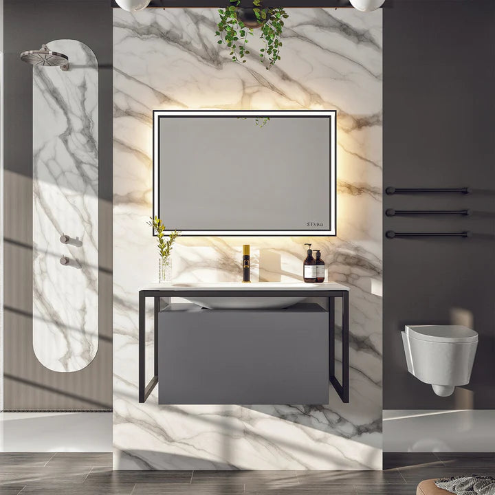 Modena 32"W x 18"D Gray Wall Mount Bathroom Vanity with White Solid Surface Countertop and Integrated Sink EVVN111-32GR