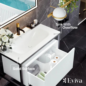 Modena 32"W x 18"D White Wall Mount Bathroom Vanity with White Solid Surface Countertop and Integrated Sink EVVN111-32WH