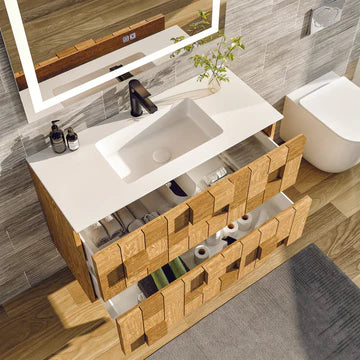 Mosaic 33"W x 20"D Natural Oak Wall Mount Bathroom Vanity with White Solid Surface Countertop and Integrated Sink EVVN112-33OAK