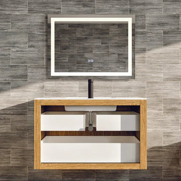 Mosaic 33"W x 20"D Natural Oak Wall Mount Bathroom Vanity with White Solid Surface Countertop and Integrated Sink EVVN112-33OAK