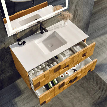 Mosaic 36"W x 20"D Natural Oak Wall Mount Bathroom Vanity with White Solid Surface Countertop and Integrated Sink EVVN112-36OAK