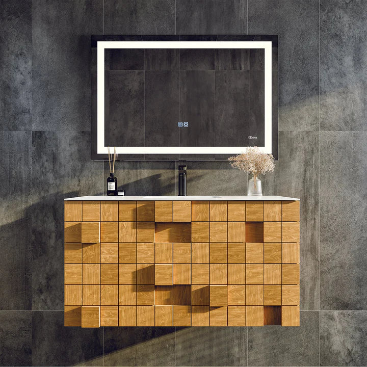 Mosaic 36"W x 20"D Natural Oak Wall Mount Bathroom Vanity with White Solid Surface Countertop and Integrated Sink EVVN112-36OAK