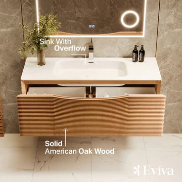 Leah 39"W x 20"D Medium Oak Wall Mount Bathroom Vanity with White Solid Surface Countertop and Integrated Sink EVVN115-39MOK-UM