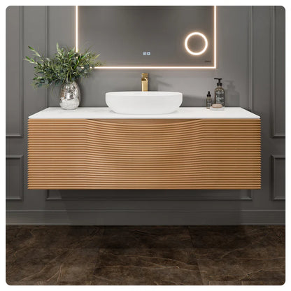 Leah 44"W x 20"D Medium Oak Wall Mount Bathroom Vanity with White Solid Surface Countertop and Vessel Solid Surface Sink EVVN115-44MOK