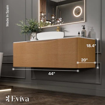 Leah 44"W x 20"D Medium Oak Wall Mount Bathroom Vanity with White Solid Surface Countertop and Vessel Solid Surface Sink EVVN115-44MOK