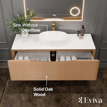 Leah 44"W x 20"D Medium Oak Wall Mount Bathroom Vanity with White Solid Surface Countertop and Vessel Solid Surface Sink EVVN115-44MOK