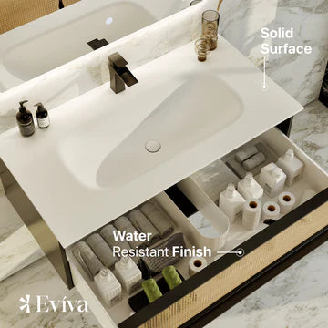 Nets 32"W x 20"D Natural Oak Wall Mount Bathroom Vanity with White Solid Surface Countertop and Integrated Sink EVVN116-32NOK/BL