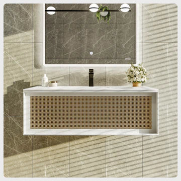 Nets 32"W x 20"D Natural Oak Wall Mount Bathroom Vanity with White Solid Surface Countertop and Integrated Sink EVVN116-32NOK/WH