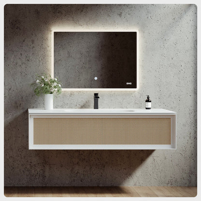 Nets 39"W x 20"D Natural Oak Wall Mount Bathroom Vanity with White Solid Surface Countertop and Integrated Sink EVVN116-39NOK/WH