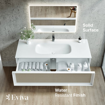 Nets 39"W x 20"D Natural Oak Wall Mount Bathroom Vanity with White Solid Surface Countertop and Integrated Sink EVVN116-39NOK/WH