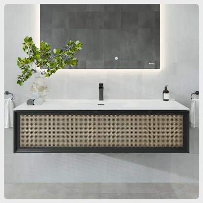 Nets 44"W x 20"D Natural Oak Wall Mount Bathroom Vanity with White Solid Surface Countertop and Integrated Sink EVVN116-44NOK/BL