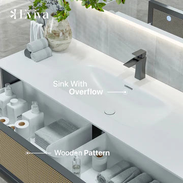 Nets 44"W x 20"D Natural Oak Wall Mount Bathroom Vanity with White Solid Surface Countertop and Integrated Sink EVVN116-44NOK/BL