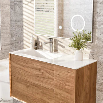 Prancer 36"W x 20"D Natural Oak Wall Mount Bathroom Vanity with White Solid Surface Countertop and Integrated Sink EVVN117-36OAK