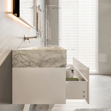 Fritti 36"W x 20"D White Wall Mount Bathroom Vanity with White Carrara Marble Countertop and Integrated Sink EVVN118-36WH