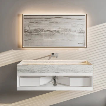 Fritti 36"W x 20"D White Wall Mount Bathroom Vanity with White Carrara Marble Countertop and Integrated Sink EVVN118-36WH