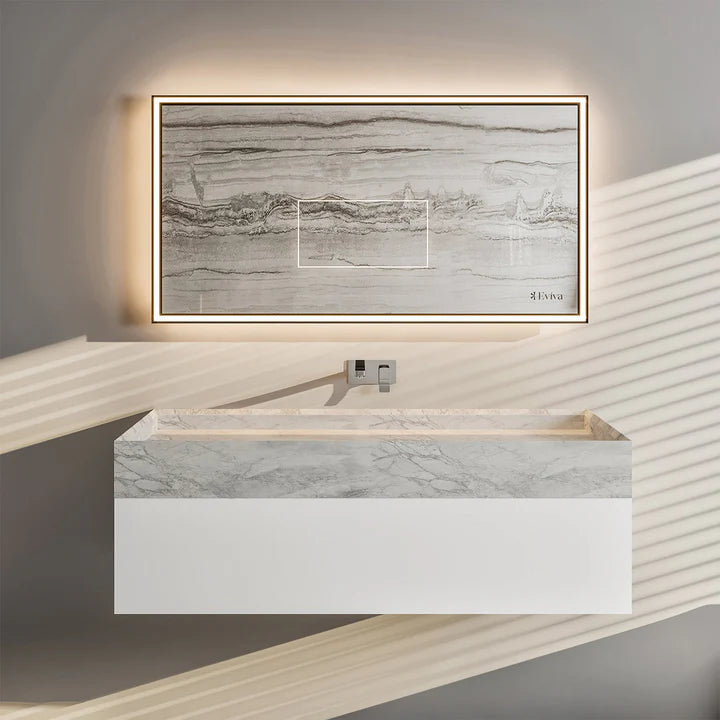 Fritti 36"W x 20"D White Wall Mount Bathroom Vanity with White Carrara Marble Countertop and Integrated Sink EVVN118-36WH