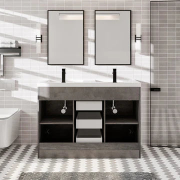 Lugano 48"W x 20"D Concrete Gray Double Sink Bathroom Vanity with White Acrylic Countertop and Integrated Sinks EVVN12-8-48CGR-DS