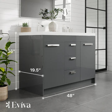 Lugano 48"W x 20"D Gray Double Sink Bathroom Vanity with White Acrylic Countertop and Integrated Sinks EVVN12-8-48GR-DS