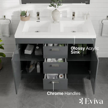 Lugano 48"W x 20"D Gray Double Sink Bathroom Vanity with White Acrylic Countertop and Integrated Sinks EVVN12-8-48GR-DS