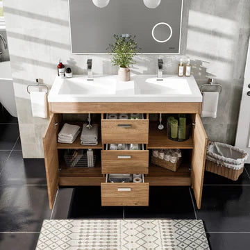 Lugano 48"W x 20"D Natural Oak Double Sink Bathroom Vanity with White Acrylic Countertop and Integrated Sinks EVVN12-8-48NOK-DS