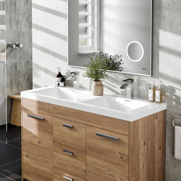 Lugano 48"W x 20"D Natural Oak Double Sink Bathroom Vanity with White Acrylic Countertop and Integrated Sinks EVVN12-8-48NOK-DS