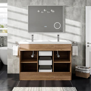 Lugano 48"W x 20"D Natural Oak Double Sink Bathroom Vanity with White Acrylic Countertop and Integrated Sinks EVVN12-8-48NOK-DS