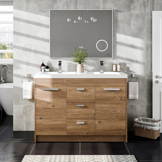 Lugano 48"W x 20"D Natural Oak Double Sink Bathroom Vanity with White Acrylic Countertop and Integrated Sinks EVVN12-8-48NOK-DS