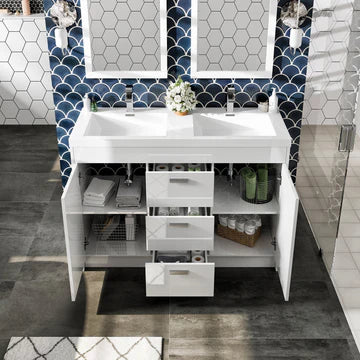 Lugano 48"W x 20"D White Double Sink Bathroom Vanity with White Acrylic Countertop and Integrated Sinks EVVN12-8-48WH-DS