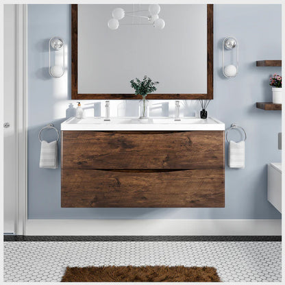 Smile 48"W x 19"D Rosewood Wall Mount Double Sink Bathroom Vanity with White Acrylic Countertop and Integrated Sinks EVVN12-DS-48RSWD-WM