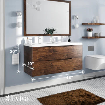 Smile 48"W x 19"D Rosewood Wall Mount Double Sink Bathroom Vanity with White Acrylic Countertop and Integrated Sinks EVVN12-DS-48RSWD-WM