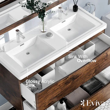 Smile 48"W x 19"D Rosewood Wall Mount Double Sink Bathroom Vanity with White Acrylic Countertop and Integrated Sinks EVVN12-DS-48RSWD-WM