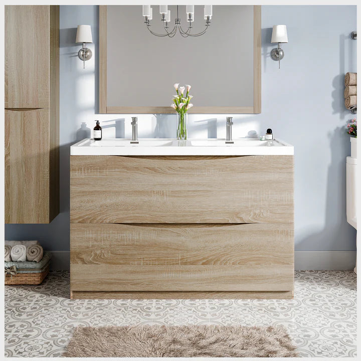 Smile 48"W x 19"D White Oak Double Sink Bathroom Vanity with White Acrylic Countertop and Integrated Sinks EVVN12-DS-48WHOK-FS